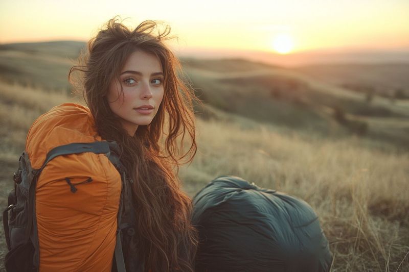 Woman backpack sunset field adventure hiking outdoors nature travel exploration freedom beauty sunrise mountains grass sky horizon wilderness A woman with long, wavy hair is sitting on a grassy field, likely in a mountainous area. She is wearing an orange backpack and has a green sleeping bag beside her. She is looking to the right, possibly at the setting sun, which is casting a warm glow on the landscape. The sun is setting on the horizon, creating a beautiful, serene scene. The background is a mix of green and brown, with some hills and trees visible in the distance.