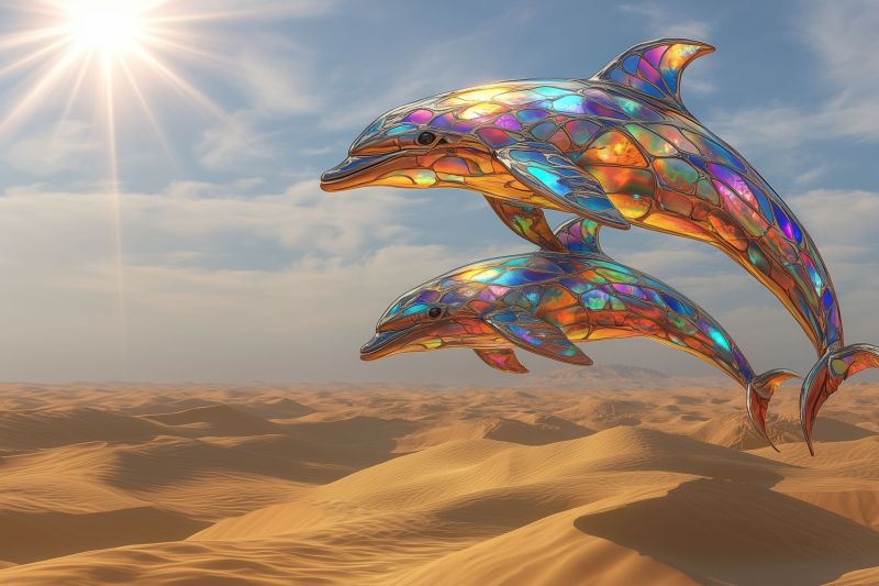 Dolphin verre desert ombres soleil sculpture coloree daube arc ciel representant environnement desertique pittoresque dune sabl Scène calme dans un environnement qui semble être une vallée désertique. Il y a deux sculptures de dauphins, possiblement en métal ou en plastique, colorées avec une gamme de couleurs rappelant l'arc-en-ciel. Ces dauphins volent ou sont suspendus dans l'air au milieu d'un ciel bleu clair, qui est éclatant et lumineux, suggérant une journée ensoleillée. La vallée désertique en dessous des dauphins a de grandes dunes de sable, et il y a une grande dune dans le plan de l'image qui couvre la partie inférieure de l'image. Le journement semble naturel, avec un soleil fort qui projette des ombres sur la sable et éclaire la scène vivement. À distance, il y a plusieurs petites constructions ou structures qui pourraient ressembler à une installation ou une cité. Cependant, ces éléments ne sont pas en focus et sont relativement petits par rapport aux dauphins et au ciel. L'impression générale est de paix et la juxtaposition du life marine avec un paysage désertique.