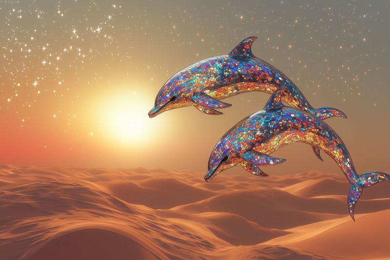 Dauphin dansant animal aquatique graphisme stylise creative vie mer revissante surrealiste coucher soleil eclatant desert ciel Le ciel nocturne est parsemé d'une étoile vibrante, avec un spectacle lumineux de étoiles. Au foreground, deux poissons colorés flottent l'un au-dessus de l'autre, comme si ils nageaient dans l'espace. Ils sont ornés de composants qui semblent être des éléments brillants ou scintillants, peut-être représentant des écailles, ce qui leur donne un aspect éthéré et presque magique. Le fond présente un coucher de soleil ou un aurore, où le ciel passe de couleurs chaudes près du horizon vers des bleus et des pourpres plus profonds à mesure qu'il s'étend vers le haut. Il n'y a aucune texte visible sur l'image. L'ensemble de la style de l'image est fantasy-thématique et pourrait être associée au concept de 'fantaisie', car elle combine des éléments qui ne se rencontrent pas naturellement ensemble (poissons dans l'espace) avec un paysage surrealiste.