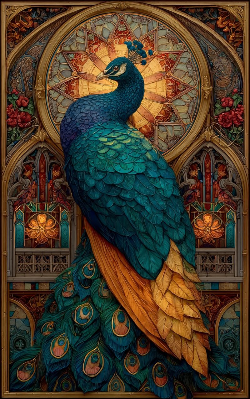 Paon plumes fenetre architecture ornement design nature faune fantaisie medieval gothique complexe vitrail Un paon majestueux se tient fièrement devant une fenêtre en vitrail richement décorée. Les plumes du paon sont un mélange époustouflant de bleus profonds, de verts et d'or, avec des motifs complexes qui ressemblent à des yeux. La tête du paon est tournée sur le côté, et il a une posture royale et confiante. Le vitrail derrière le paon est une mosaïque vibrante de couleurs, présentant un design circulaire central avec des motifs rayonnants. Le vitrail est encadré par des dessins ornés et complexes qui ajoutent à l'ambiance générale ornée et majestueuse de l'image.