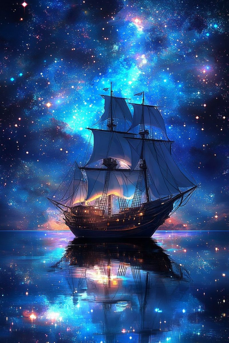 Space stars night sky ship sailboat ocean nautical cosmic voyage adventure exploration galaxy constellation futuristic fantasy blue purple poster stylized depiction of a sailing ship against the backdrop of a vibrant, star-filled sky. The ship is large with multiple masts and sails, suggesting it's designed to carry passengers or cargo over long distances. It's surrounded by a calm body of water that reflects its form. The art style leans toward realism with a touch of artistic embellishment, emphasizing the details of the ship and the cosmic environment around it. There is a sense of serenity and adventure conveyed by the image.