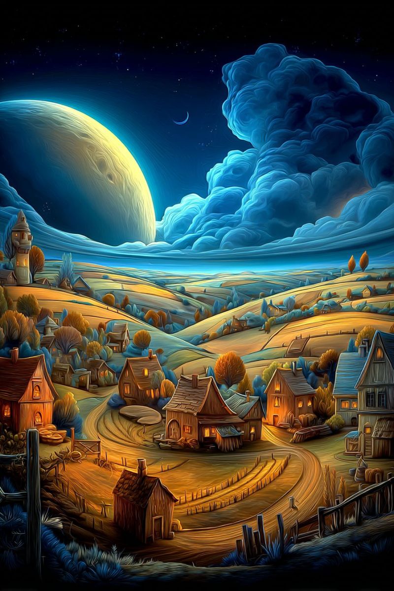 Village nuit lune nuages maisons collines arbres route cloture etoiles ciel planete eau reflet ombres Scène de campagne sereine sous un ciel nocturne. Au premier plan, il y a plusieurs petites maisons rustiques avec des lumières chaudes et lumineuses à l'intérieur, suggérant une atmosphère chaleureuse et accueillante. Les maisons sont entourées d'un mélange d'arbres et d'arbustes, avec certains arbres affichant des couleurs automnales d'orange et de jaune. Une route de terre serpente à travers le village, menant vers une colline lointaine. La colline est parsemée de plus de maisons et d'une tour haute et étroite, peut-être un moulin à vent ou un belvédère. Le ciel est d'un bleu profond, avec une grande lune brillante et un croissant de lune visible. Au-dessus de l'horizon, il y a de grands nuages moelleux qui semblent être illuminés par la lumière de la lune. La scène globale est paisible et pittoresque, avec un sentiment de tranquillité et de simplicité.