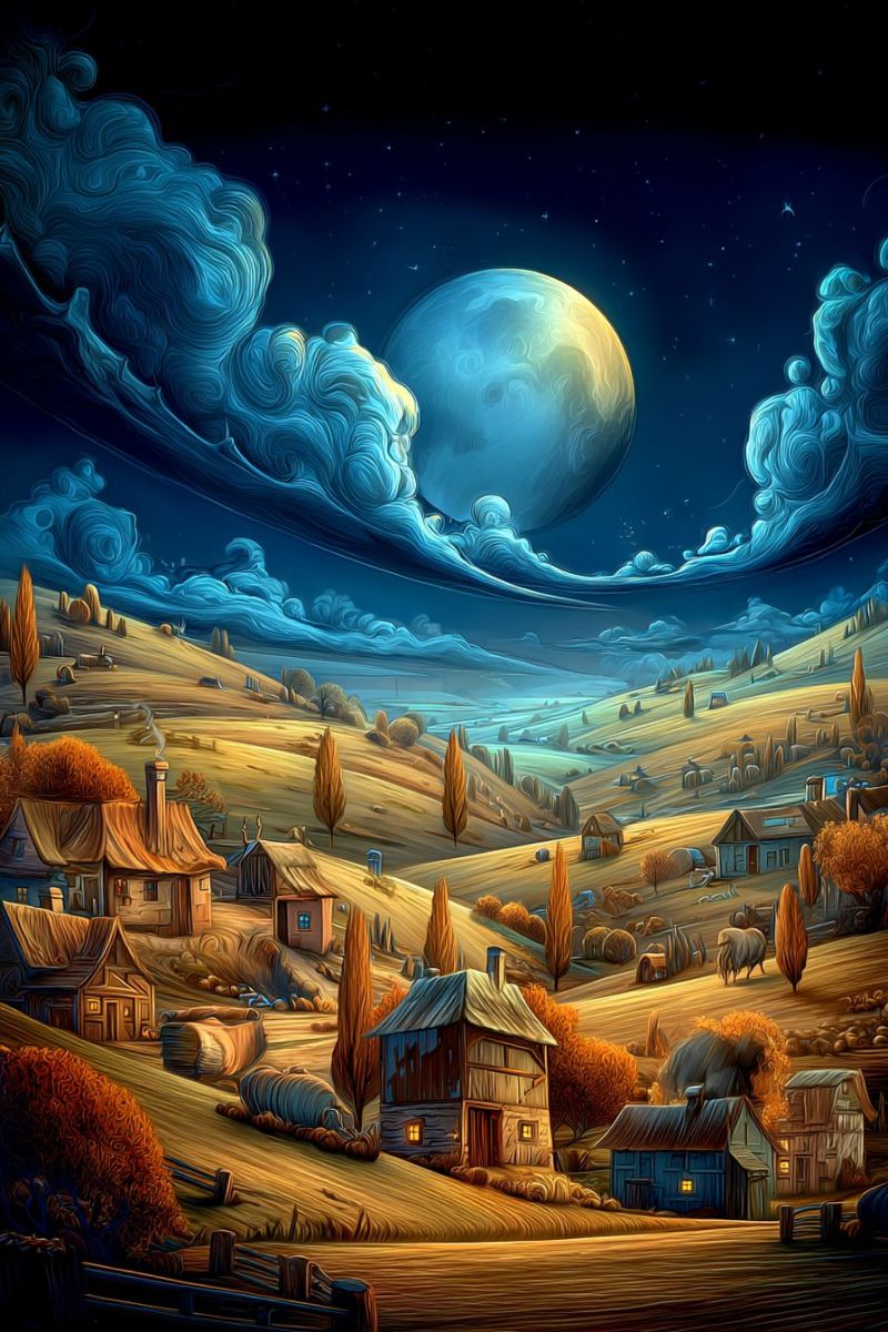 Nuit lune nuages collines maisons arbres champs etoiles ciel village campagne automne rural imagination fantaisie reve beaute Une scène de campagne sereine sous un ciel nocturne rempli d'étoiles et une grande lune lumineuse. Le paysage présente des collines ondulantes avec une variété de maisons rustiques, certaines avec des cheminées émettant de la fumée. Des arbres aux feuilles d'automne parsèment les collines, et il y a des étendues de champs dorés. Au premier plan, une clôture en bois entoure une petite zone avec une maison et une grange. Le ciel est peint de nuages tourbillonnants, ajoutant une touche dynamique à la scène tranquille.