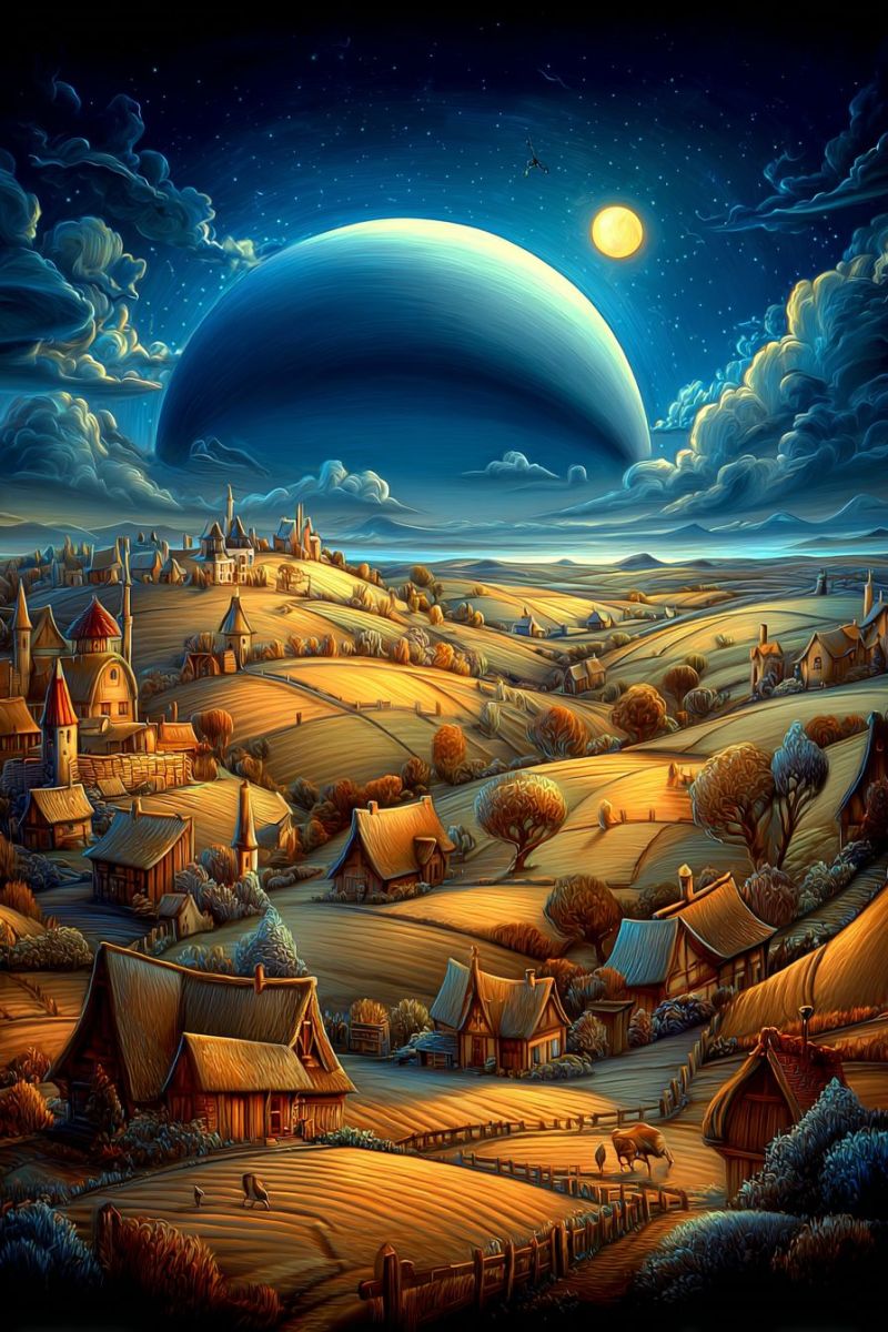 Village nuit ciel lune nuages maisons collines arbres champs ferme campagne fantaisie imagination oeuvre Paysage de campagne serein sous un ciel nocturne. Au premier plan, il y a plusieurs petites maisons rustiques aux toits de chaume, nichées parmi des champs dorés luxuriants. Les maisons sont peintes dans des tons chauds et terreux, et certaines ont des cheminées. Le paysage est parsemé d'arbres, de buissons et de quelques animaux paissant. Le ciel est d'un bleu profond, rempli d'étoiles et d'une grande lune resplendissante. Au loin, une planète massive est visible, projetant une douce lumière sur la scène. La planète est entourée de nuages ténus, ajoutant à l'atmosphère mystique.