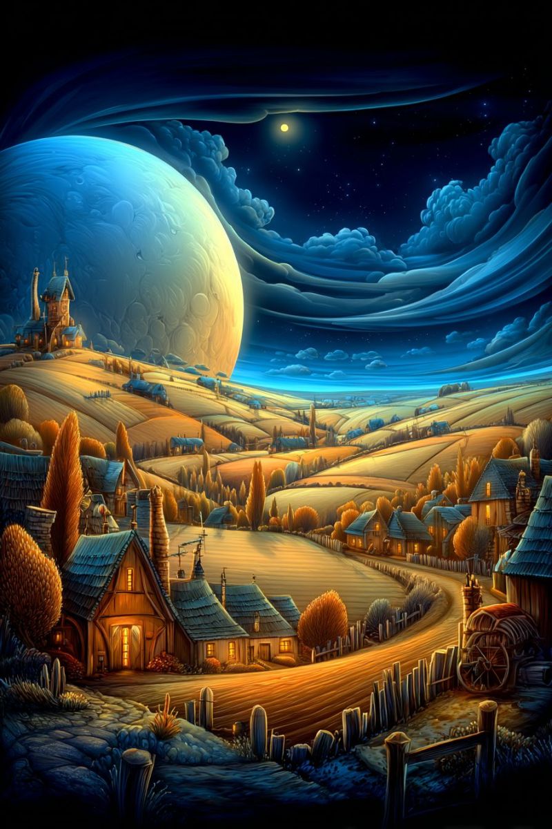 Village nuit ciel lune nuages maisons route arbres collines etoiles roue cloture campagne automne fantaisie imagination reve Village serein et pittoresque sous un ciel nocturne. Le village est niché dans une vallée, entouré de collines ondulantes et de verdure luxuriante. Les maisons sont pittoresques et rustiques, certaines avec des cheminées et des fenêtres lumineuses, suggérant chaleur et confort. Le paysage est parsemé d'arbres, dont certains ont des feuilles dorées, indiquant l'automne. Une route de terre serpente à travers le village, menant à un château lointain perché sur une colline. Le château est illuminé par la lumière de la lune, ajoutant à l'ambiance mystique. En arrière-plan, une grande planète lumineuse flotte dans le ciel, entourée de nuages ténus. Le ciel est d'un bleu profond, parsemé d'étoiles, et la scène globale est baignée d'une douce lumière éthérée.