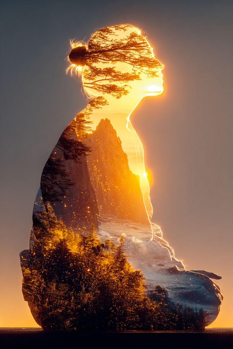 Woman nature sunset reflection meditation zen calm peaceful tranquil serene contemplation mindfulness yoga spirituality harmony balance self inner pea combination of photography and digital art, with the woman's silhouette being the central focus.