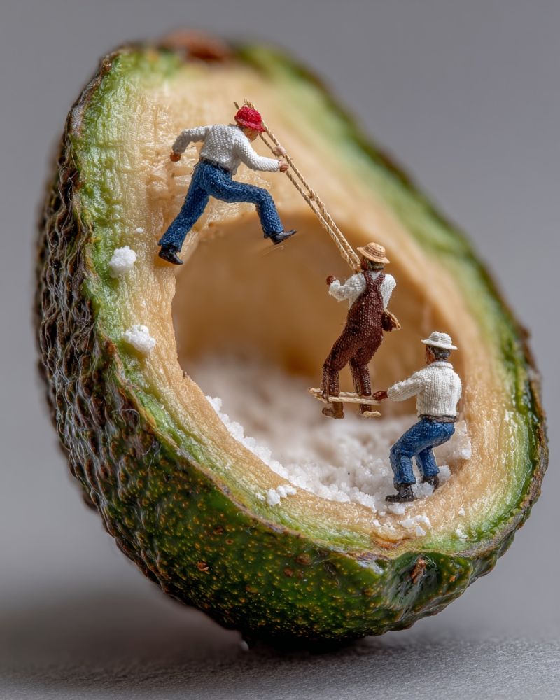 Avocado miniature people rope fruit food sculpture craft handmade creative imagination humor playful texture seeds pit Three miniature figures dressed in old-fashioned clothing are inside a halved avocado. The first figure is wearing a red hat and is pulling a rope, seemingly trying to lift something. The second figure, wearing a brown outfit and a straw hat, is standing on a plank and holding onto the rope. The third figure, dressed in a white shirt and blue pants, is standing on the avocado's flesh, holding onto the plank. The avocado's flesh is exposed, and there are small white particles scattered around. The background is a plain, light-colored surface.