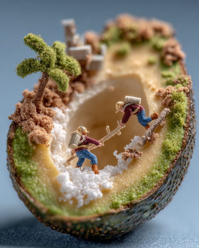 Miniature sculpture nourriture avocat aventure exploration imagination creativite texture petit main artisanat delicieux unique Scène miniature détaillée créée à l'intérieur d'un demi-avocat. Deux minuscules figurines, vêtues de rouge et de bleu, tirent sur un bâton en bois, probablement engagées dans une tâche comme creuser ou déplacer quelque chose. Elles sont entourées par un paysage fait de divers aliments, y compris ce qui semble être un petit arbre fait de mousse verte et de sucre brun, et une zone enneigée faite de sucre blanc. La scène est placée sur un fond bleu, améliorant le contraste et les détails du monde miniature.