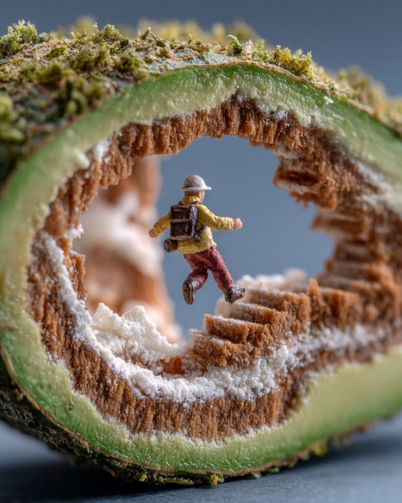 Miniature sculpture food design styling artist A tiny figurine of a person dressed in a yellow jacket, red pants, and a white helmet is running through a tunnel carved into a large, green, and brown object resembling a fruit or vegetable. The tunnel is lined with moss and has a slightly cracked appearance. The figurine is positioned on a series of small, brown steps leading into the tunnel. The background is a soft, blue color.