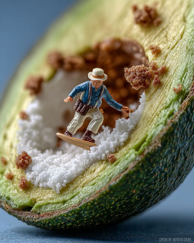 Avocat miniature snowboardeur jouet creatif imagination humour ludique nourriture stylisme design sculpture artisanat creativite amusement Une figurine miniature d'un homme se tient sur une planche de surf à l'intérieur de la cavité d'un avocat coupé. L'homme porte un chapeau, une chemise bleue, un pantalon blanc et des bottes brunes. Il tient un petit sac dans sa main droite. L'intérieur de l'avocat est rempli de poudre blanche, probablement du sel, et il y a des taches brunes sur la peau de l'avocat. L'image est placée sur un fond bleu.