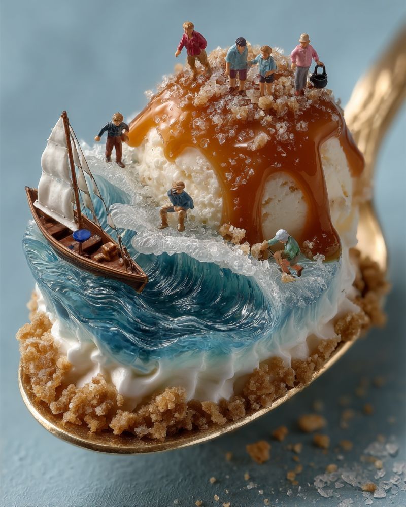 Cuillere miniature bateau vagues sucre sirop bleu brun mer ciel nourriture dessert sculpture artisanat imagination glace creme Un dessert ressemblant à une scène marine est présenté sur une cuillère dorée. Le dessert comporte une boule de glace avec de la sauce caramel et des cristaux de sucre sur le dessus. Plusieurs figurines miniatures sont dispersées sur le dessert, y compris une personne tenant un seau, une personne assise sur une vague et une personne debout sur la glace. Un petit bateau avec une voile blanche est également présent, flottant sur la structure bleue en forme de vague. Le dessert est placé sur une surface bleue, et il y a quelques miettes et cristaux de sucre éparpillés autour.