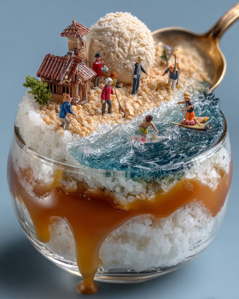 Dessert spoon miniature food sugar caramel syrup bowl people house beach sea surfboard boat plant toy decoration ice cream A glass bowl filled with a dessert resembling a beach scene. The dessert features a large scoop of white, fluffy substance that looks like snow or whipped cream, with a small ice cream scoop on top. The bowl is surrounded by what appears to be sugar crystals, and there is a small river of caramel sauce flowing from the side. On the dessert, there are miniature figurines of people, some standing, some walking, and some engaged in activities like surfing and paddling boats. The figurines are placed on a sandy area that looks like a beach, with a small house and a tree in the background. A silver spoon is placed on the side of the bowl.