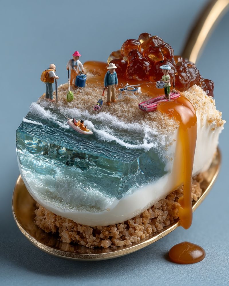 Dessert spoon beach people miniature food caramel sugar syrup jelly sea waves boat umbrella hat backpack bucket shovel sand A dessert on a gold spoon, resembling a beach scene. The spoon holds a layered dessert with a clear blue layer that looks like water, topped with a white layer that resembles whipped cream. Above the whipped cream, there are brown sugar pieces that look like sand. On top of the dessert, there are several miniature figures of people, some wearing hats and carrying bags, and a small boat. Caramel sauce is dripping from the dessert, adding a sweet touch. The dessert is placed on a blue surface, possibly a table.