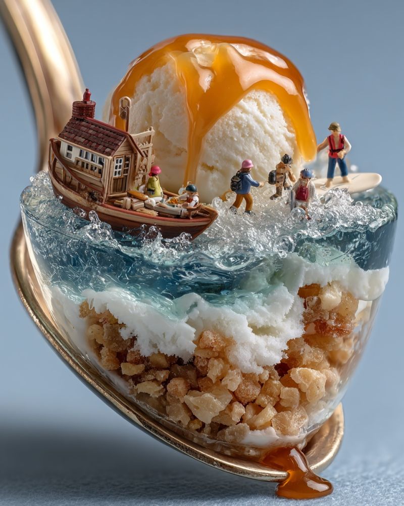Dessert spoon boat people sea waves sugar caramel miniature food sculpture texture layer sweet creative imagination ice cream A dessert presentation on a spoon features a small boat with people on it, sailing through a sea of blue and white jelly. The boat has a red roof and a small window. The sea is made of blue and white jelly, with a few ripples. On top of the jelly, there is a scoop of vanilla ice cream with caramel sauce. The spoon is gold and has a handle. The dessert is on a blue surface.