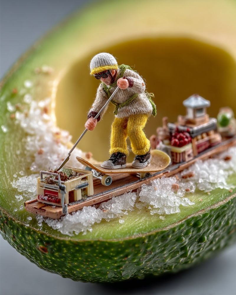 Miniature skateboard avocat glace snowboardeur hiver artisanat decoration nourriture design sculpture artiste exposition Une scène miniature se déroule à l'intérieur d'un avocat coupé en deux. Un petit snowboarder, vêtu d'un bonnet tricoté, de lunettes de soleil et de pantalons jaunes, se tient sur un skateboard en tenant un bâton de ski. Le skateboard est sur une petite piste en bois qui longe l'intérieur de l'avocat. La piste est couverte de petits morceaux de glace et comporte une minuscule voiture à boîte avec un couvercle rouge à l'avant. Derrière le snowboarder, il y a une petite structure en forme de maison avec une tour et un toit rouge. L'intérieur de l'avocat est vert, et la peau est texturée avec de petites bosses.