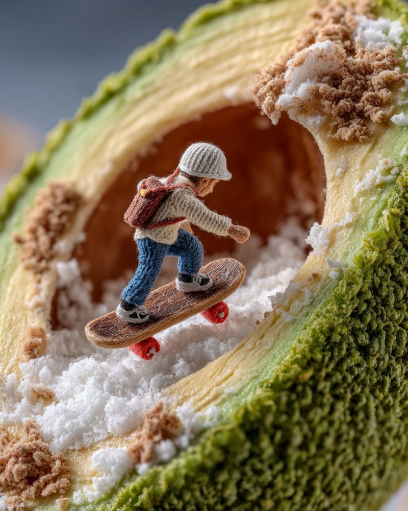 Miniature skateboard nourriture sculpture avocat sucre texture artisanat creativite imagination ludique delicieux comestible design stylisme Une figurine miniature d'un garçon fait du skateboard à l'intérieur d'un grand avocat ouvert. Le garçon porte un chapeau blanc, un pull blanc, un jean bleu et des chaussures noires. Il a un sac à dos sur le dos. Le skateboard a des roues rouges. L'intérieur de l'avocat est rempli de poudre blanche, peut-être du sucre, et de poudre brune, peut-être du cacao. La peau de l'avocat est verte et texturée. L'arrière-plan est flou.
