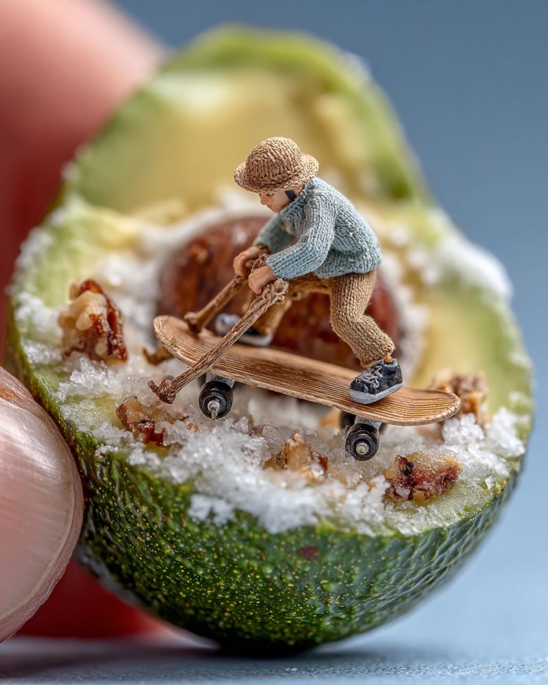 Miniature skateboard avocado food sculpture hand finger texture sugar nuts wheels handle hat clothing shoes A miniature figurine of a person wearing a hat and sneakers is riding a skateboard inside the half-cut green avocado. The avocado is filled with white powder and small pieces of nuts. The figurine is holding a wooden stick in both hands, and the skateboard has wheels. The image is taken from a close-up angle, and the background is blurry.
