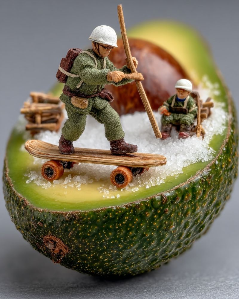 Miniature soldier skateboard helmet avocado salt wooden toy craft decoration imagination play diorama creative hobby Two miniature soldiers are standing on a skateboard inside a halved avocado. The soldier on the skateboard is holding a wooden stick and wearing a helmet and a backpack. The other soldier is sitting on a small wooden cart, also wearing a helmet and holding a stick. The avocado is filled with white salt crystals, and the scene is set against a gray background.