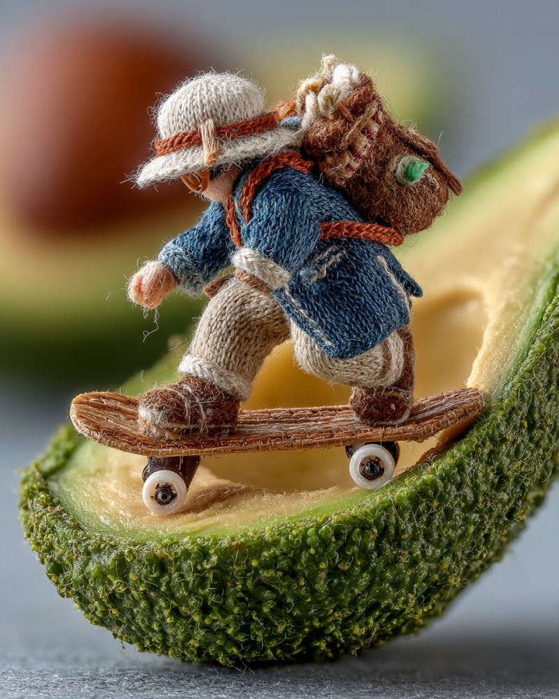 Miniature doll knitted skateboard avocado hat backpack adventure travel exploration craftsmanship texture fruit food imagination play hobby A tiny, intricately crafted figure is riding a miniature skateboard on the inside of a halved avocado. The figure is dressed in a knitted outfit, including a hat and a backpack, and appears to be in motion. The avocado's skin is textured and green, with the pit visible at the bottom. The skateboard is brown with white wheels, and the scene is set against a neutral background.