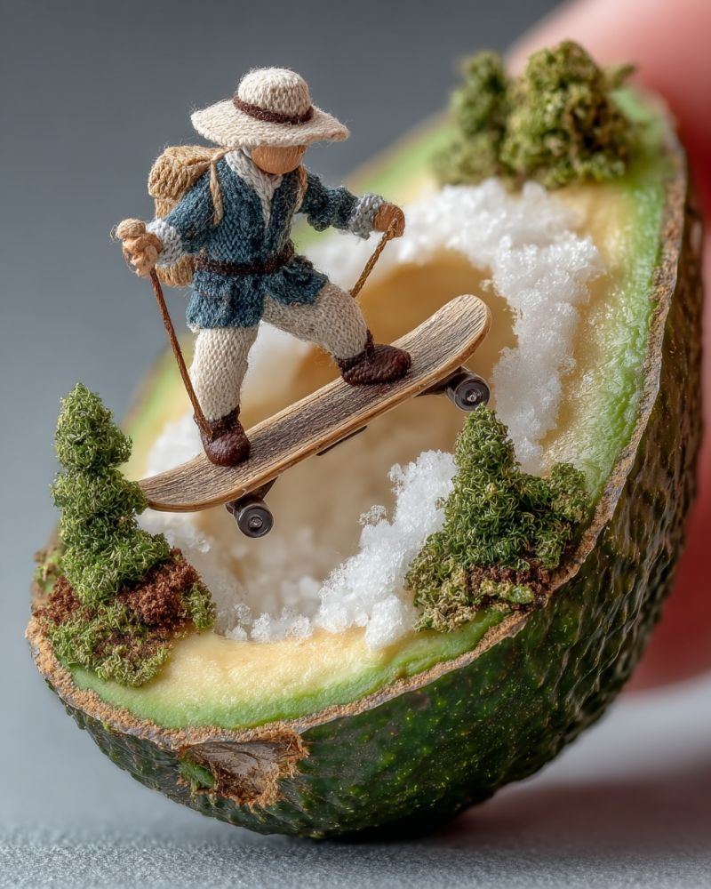 Miniature sculpture skateboard avocat artisanat main nature arbres neige aventure exploration imagination creativite hobby Une minuscule figurine d'une personne portant un chapeau et tenant un bâton se tient sur un skateboard à l'intérieur d'un demi-avocat. L'avocat est rempli de poudre blanche et est entouré de petites plantes et arbres verts. La figurine porte une tenue bleue et des chaussures marron. L'avocat est placé sur une surface grise.