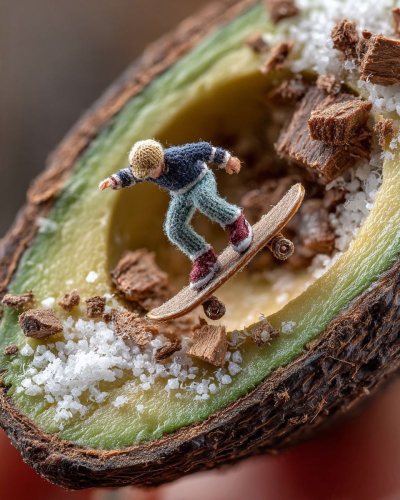 Avocat planche roulettes chocolat sel nourriture miniature sculpture artisanat creatif stylisme design creativite Un skateboarder miniature est en train de faire du skateboard à l'intérieur d'un demi-avocat. Le skateboarder porte un ensemble tricoté et a un petit chapeau sur la tête. L'avocat est rempli de morceaux de sel blanc et de chocolat. Le skateboarder est positionné au centre de l'avocat, avec le skateboard incliné sur un côté. La peau de l'avocat est brune et texturée, et les morceaux de sel blanc et de chocolat sont éparpillés autour du skateboarder.