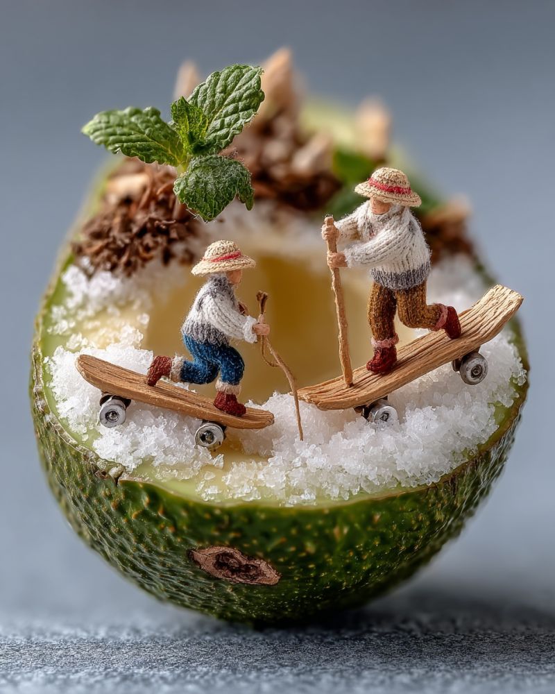 Miniature sculpture bois skateboard baton chapeau menthe sel avocat nourriture artisanat decoration affichage table surface texture Au centre de l'image, il y a une coque d'avocat coupée en deux remplie de cristaux de sel blancs. À l'intérieur de la coque d'avocat, deux figurines miniatures sont assises sur de petits skateboards en bois. Les deux figurines portent des chapeaux et tiennent des bâtons. La figurine de gauche est vêtue d'un costume blanc et bleu, tandis que la figurine de droite porte un costume blanc et brun. Il y a une petite plante verte avec des feuilles qui pousse depuis le haut de la coque d'avocat. L'arrière-plan est une surface unie de couleur gris clair.