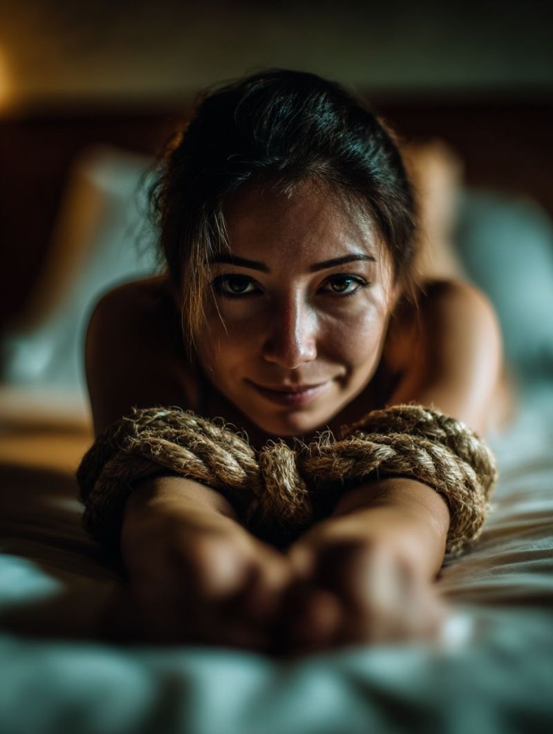Woman bed smile rope bedroom lying hand finger eye ear mouth cheek skin fingernail nail fingertip knuckle A woman lies on a bed, her head resting on a pillow, and she is smiling at the camera. She has dark hair and is wearing a rope around her neck and wrists. The rope is tied in a knot around her neck and loosely around her wrists. The bed is covered with a light blue sheet, and the background is softly lit, possibly from a lamp or window.