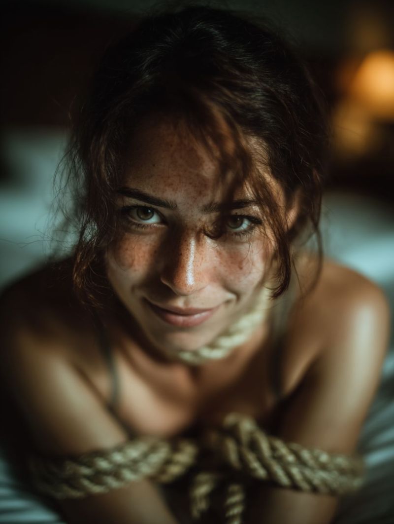 Woman smile beauty skin eye dark rope tie bind restraint captive freedom captivity A woman with dark hair and freckles is lying on a bed, smiling and looking directly at the camera. She has a rope around her neck and shoulders, and her skin is slightly wet, possibly from sweat. The background is dimly lit, with a warm glow coming from a light source on the right side.