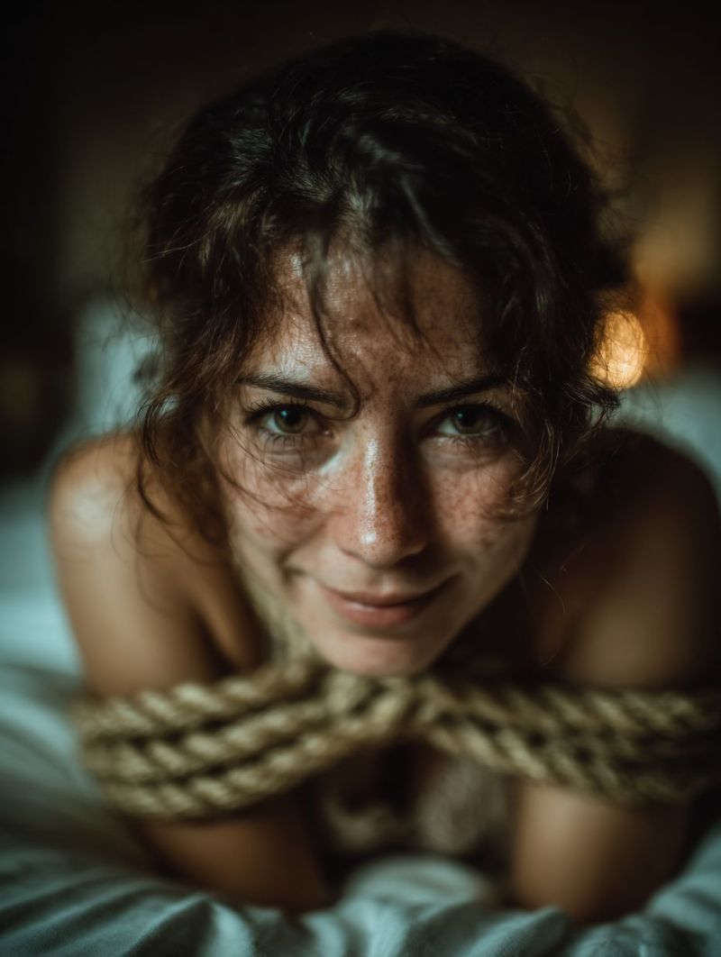 Woman smiling bed rope tied captive restrained bedroom captivity freedom restraint A woman with dark hair and freckles is lying on a bed, smiling and looking at the camera. She has a rope around her neck and shoulders, and her hair is messy. She is wearing a white shirt. The background is dark, and there is a light source on the right side of the image.
