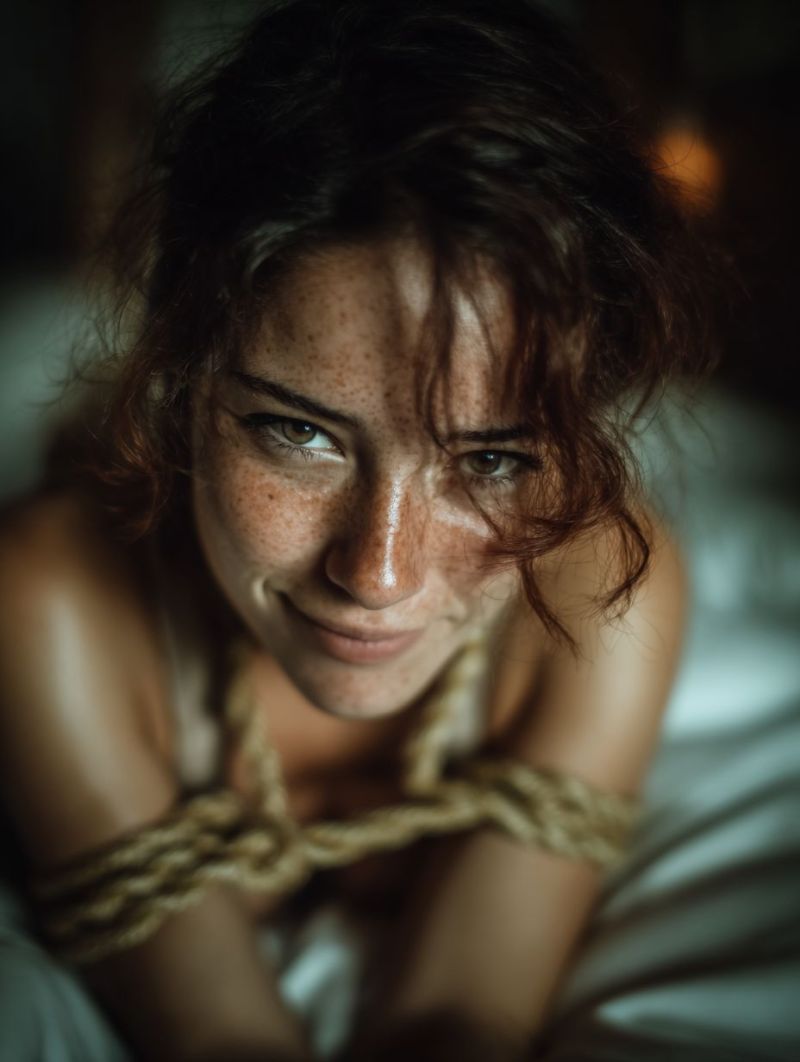 Woman smile freckles eyes nose lips skin shadow texture expression mood emotion beauty A woman with dark curly hair and freckles is lying on a bed, smiling and looking directly at the camera. She has a rope tied around her wrists, and her hair is slightly messy. She is wearing a white top, and her skin appears to be slightly tanned. The background is dimly lit, and there is a soft light illuminating her face.