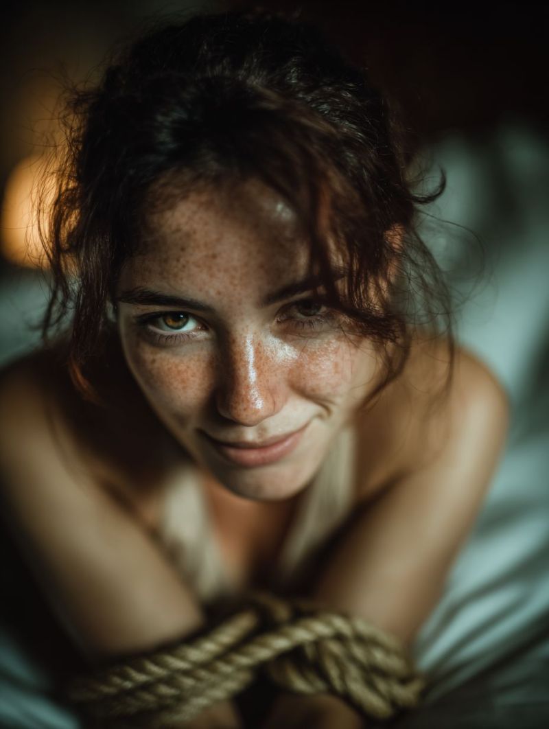 Femme sourire taches rousseur lit corde chambre nuit eclairage yeux peau texture humeur emotion expression Une femme aux cheveux foncés et aux taches de rousseur est allongée sur un lit, souriant et regardant directement la caméra. Elle a une corde autour de ses poignets, et ses cheveux sont légèrement ébouriffés. Elle porte un haut blanc, et sa peau a un éclat naturel. L'arrière-plan est faiblement éclairé, avec une source de lumière douce illuminant son visage.