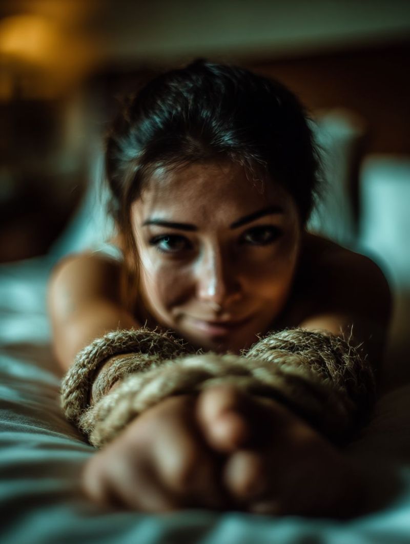 Woman bed smiling rope handcuffs bedroom captive restrained captivity prisoner detention confinement smile A woman lies on a bed with her hands tied together with a rope. She has dark hair and is wearing a white sleeveless top. Her face shows a mix of emotions, with her eyes slightly closed and her lips slightly parted. The background is dimly lit, with a soft light illuminating her face. The bed is covered with a white sheet, and there is a pillow behind her head.