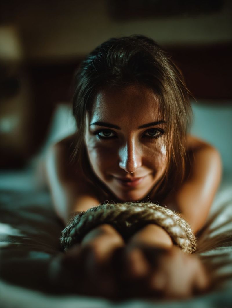 Femme lit sourire corde main oeil piece nuit obscurite beaute interieur chambre coucher Une femme est allongée sur un lit, sa tête reposant sur un oreiller, souriant et regardant directement la caméra. Elle a des cheveux sombres qui tombent autour de son visage et de ses épaules. Ses mains sont liées ensemble avec une corde, qui est enroulée autour de ses poignets. La peau de la femme est éclairée par une lumière douce, projetant de douces ombres sur son visage et son corps. Le fond est faiblement éclairé, suggérant un cadre confortable et intime.