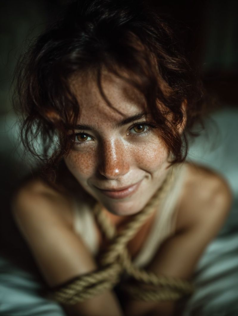 Femme sourire taches rousseur corde lit drap ombre oeil bouche oreille cou bras main doigt ongle Une femme aux cheveux bouclés et foncés, avec des taches de rousseur sur le visage, est allongée sur un lit, souriant et regardant directement la caméra. Elle a une corde autour du cou, nouée en un noeud. Sa peau a un éclat naturel et hâlé. L'arrière-plan est sombre, et l'accent est mis sur son visage et son haut du corps