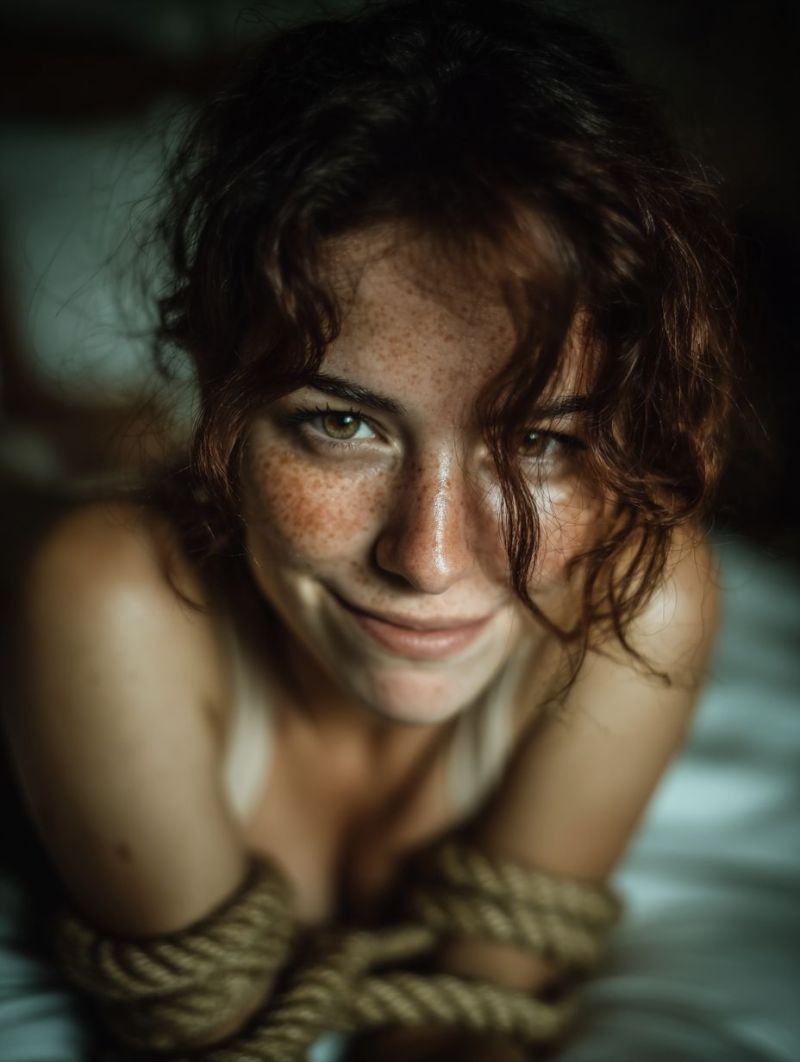 Femme sourire taches rousseur lit corde boucles yeux joues peau ombre texture humeur emotion expression Une femme aux cheveux bouclés et foncés, avec des taches de rousseur sur le visage, est allongée sur un lit, souriant et regardant directement la caméra. Elle a les bras liés avec une corde, et sa tête est légèrement inclinée sur le côté. L'arrière-plan est flou, suggérant une pièce avec un lit et peut-être une fenêtre. L'éclairage est doux, mettant en valeur son visage et créant une atmosphère douce et intime.