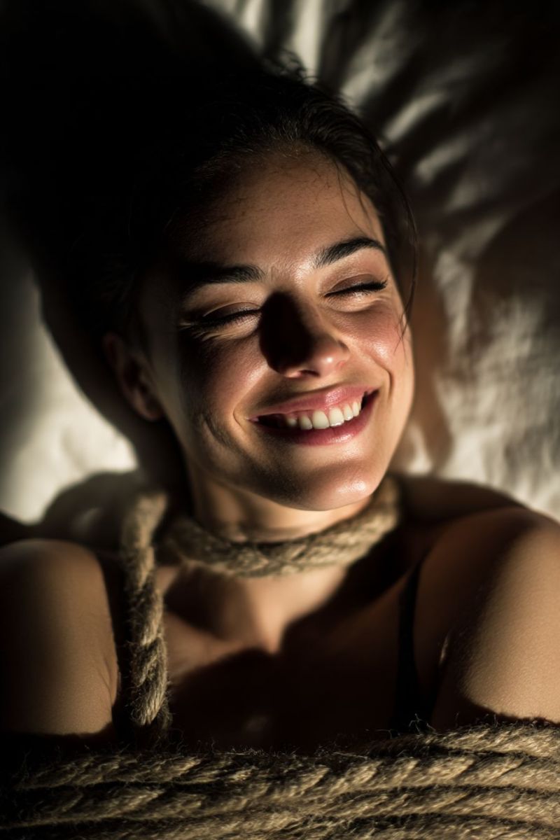 Femme souriant bonheur joie beaute expression emotion ombre texture corde cou peau oeil dents Une femme est allongée sur une surface blanche, peut-être un lit, les yeux fermés et un grand sourire sur le visage. Elle a les cheveux foncés et porte un débardeur noir. Une corde est enroulée autour de son cou et de ses épaules, ajoutant un élément ludique et légèrement dramatique à la scène. L'éclairage est doux et met en valeur son visage, créant une atmosphère chaleureuse et accueillante.