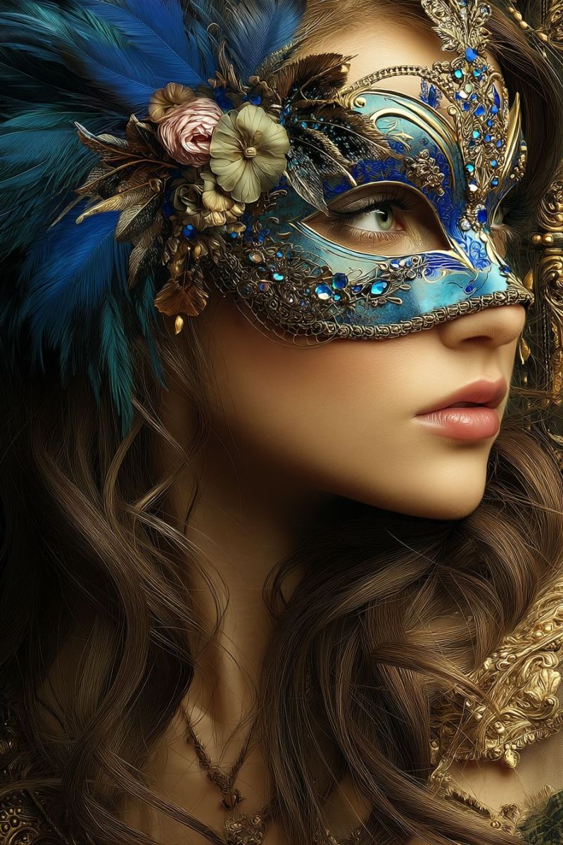 Woman mask jewelry feathers flowers necklace earrings hair eye lips nose cheek chin ear neck shoulder chest hand finger A woman with long, wavy brown hair is wearing an ornate blue and gold mask adorned with feathers, flowers, and intricate designs. The mask covers her eyes and part of her nose, with a blue feather on the left side and a golden feather on the right. She has a delicate necklace with a heart pendant and a golden shoulder piece. Her face is slightly turned to the right, and she has a serene expression.