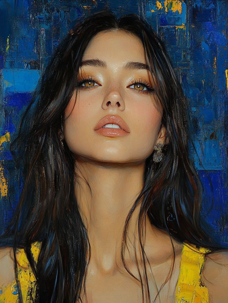 Femme visage beaute mode maquillage cils sourcils levres boucles oreilles cheveux expression emotion jaune haut bleu Un portrait d'une femme aux longs cheveux noirs ondulés. Elle a une carnation claire et porte un débardeur jaune. Ses yeux sont en forme d'amande et bruns, avec une touche d'eyeliner. Elle a un petit grain de beauté sur sa joue droite. Le fond est un mélange de couleurs bleu et jaune, avec un effet légèrement flou. Les cheveux de la femme sont légèrement mouillés, et elle a un léger sourire sur le visage.