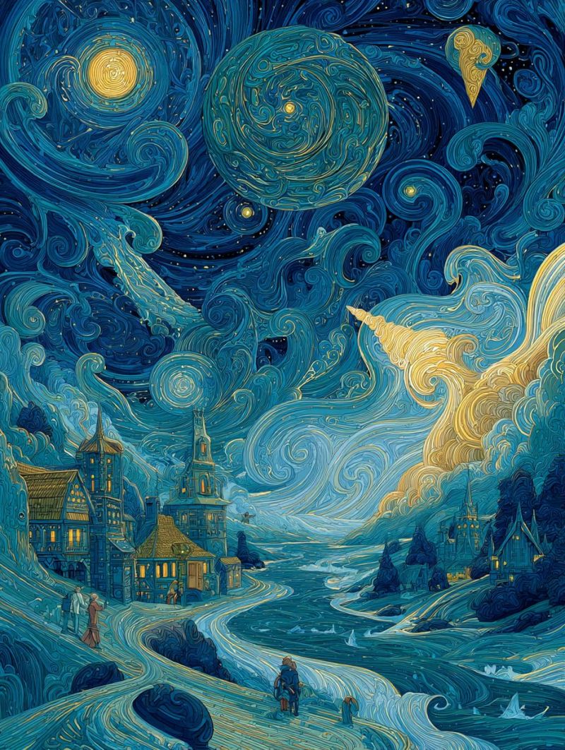 Nuit ciel etoiles planete lune maison eau route gens batiment village arbres nuages vagues fantaisie Paysage fantastique sous un ciel nocturne rempli de motifs tourbillonnants et de corps célestes. Au premier plan, une route sinueuse mène à travers une vallée sereine, bordée de verdure luxuriante et d'affleurements rocheux. Sur le côté gauche de la route, un couple marche ensemble, leurs silhouettes délimitées contre les lumières lumineuses d'un petit village niché dans la vallée. Le village compte plusieurs bâtiments avec des lumières chaudes et accueillantes, suggérant une atmosphère chaleureuse et accueillante. En arrière-plan, une grande lune brillante et un soleil jaune vibrant sont suspendus dans le ciel, entourés de nuages tourbillonnants et éthérés. Au-dessus du village, un majestueux château avec de hautes tours s'élève, sa silhouette contrastant avec le ciel nocturne. Le ciel est d'un bleu profond, orné de motifs tourbillonnants qui lui confèrent une qualité onirique, et il y a des touches de teintes dorées et jaunes qui ajoutent de la chaleur à la scène.