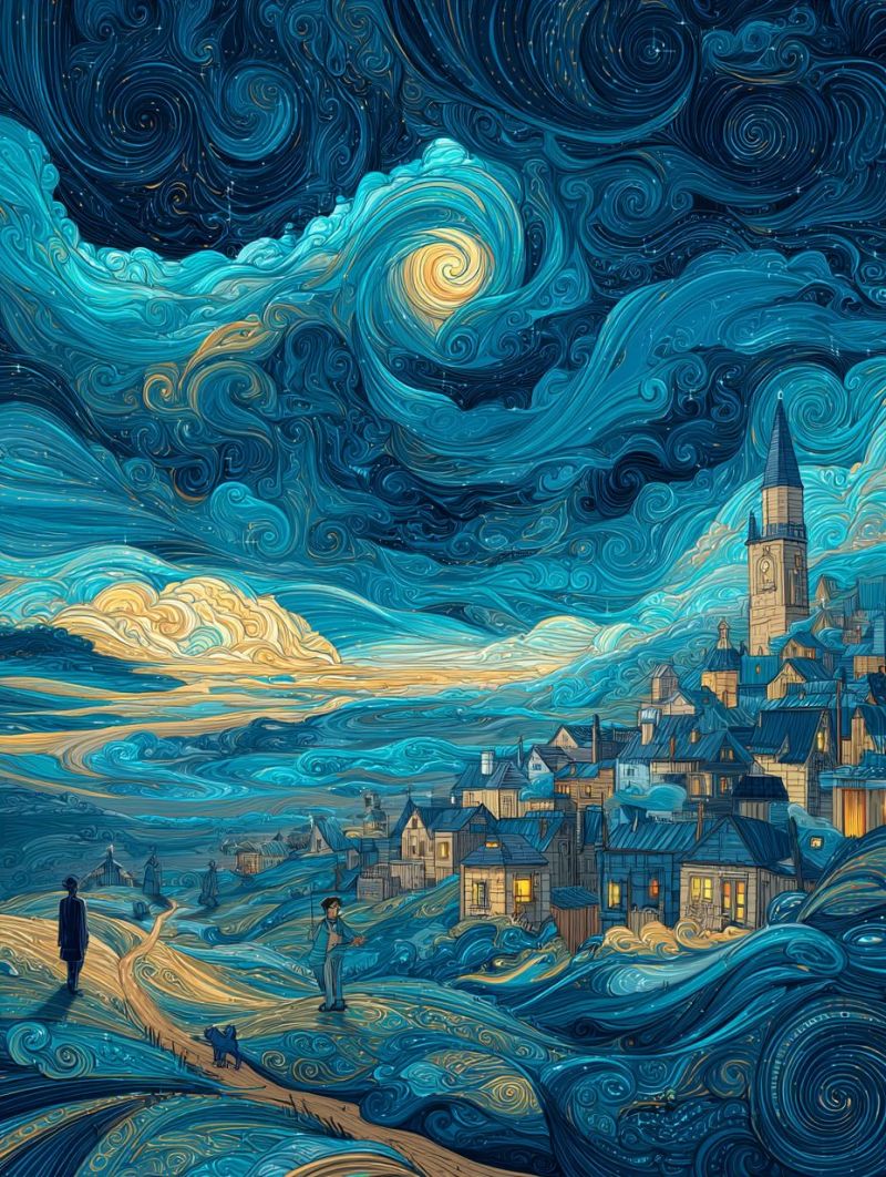 Nuit ciel etoiles lune ville maisons route gens village architecture lampadaires batiments villageois La peinture représente une scène de nuit sereine avec un village niché dans une vallée sous un ciel bleu vibrant. Le ciel est rempli de motifs tourbillonnants de bleu et de jaune, créant une atmosphère dynamique et presque irréelle. Au premier plan, un chemin sinueux traverse le village, où quelques maisons sont éclairées, projetant une lumière jaune chaude dans la nuit fraîche. Deux personnages sont visibles : l'un est un homme debout sur le chemin, et l'autre est un enfant tenant un chien. Le village est entouré de collines, et au loin, une haute tour s'élève au-dessus des toits. La lune et les étoiles sont bien mises en valeur, ajoutant à la qualité tranquille et magique de la scène.