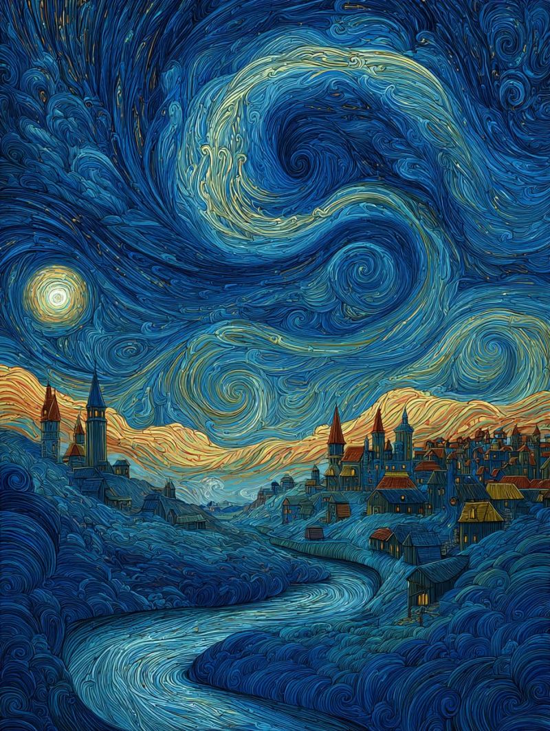 Nuit ciel etoiles ville riviere chateau lune nuages maisons village architecture fantaisie imagination reve La peinture représente un ciel nocturne rempli de bleus et de jaunes tourbillonnants et vibrants, créant un effet dynamique et presque turbulent. Au premier plan, une rivière sinueuse coule à travers une vallée, sa surface reflétant les couleurs du ciel. Sur le côté gauche de la rivière, il y a plusieurs bâtiments, dont une tour imposante, tous illuminés par des lumières chaudes et dorées. Sur le côté droit, d'autres bâtiments sont nichés parmi les collines, brillant également doucement. Le ciel est dominé par une grande lune brillante, entourée d'un halo de lumière, et au-dessus d'elle, les étoiles sont dispersées sur la toile, ajoutant au thème céleste. La scène globale est à la fois fantaisiste et sereine, avec un sentiment de mouvement et de profondeur.