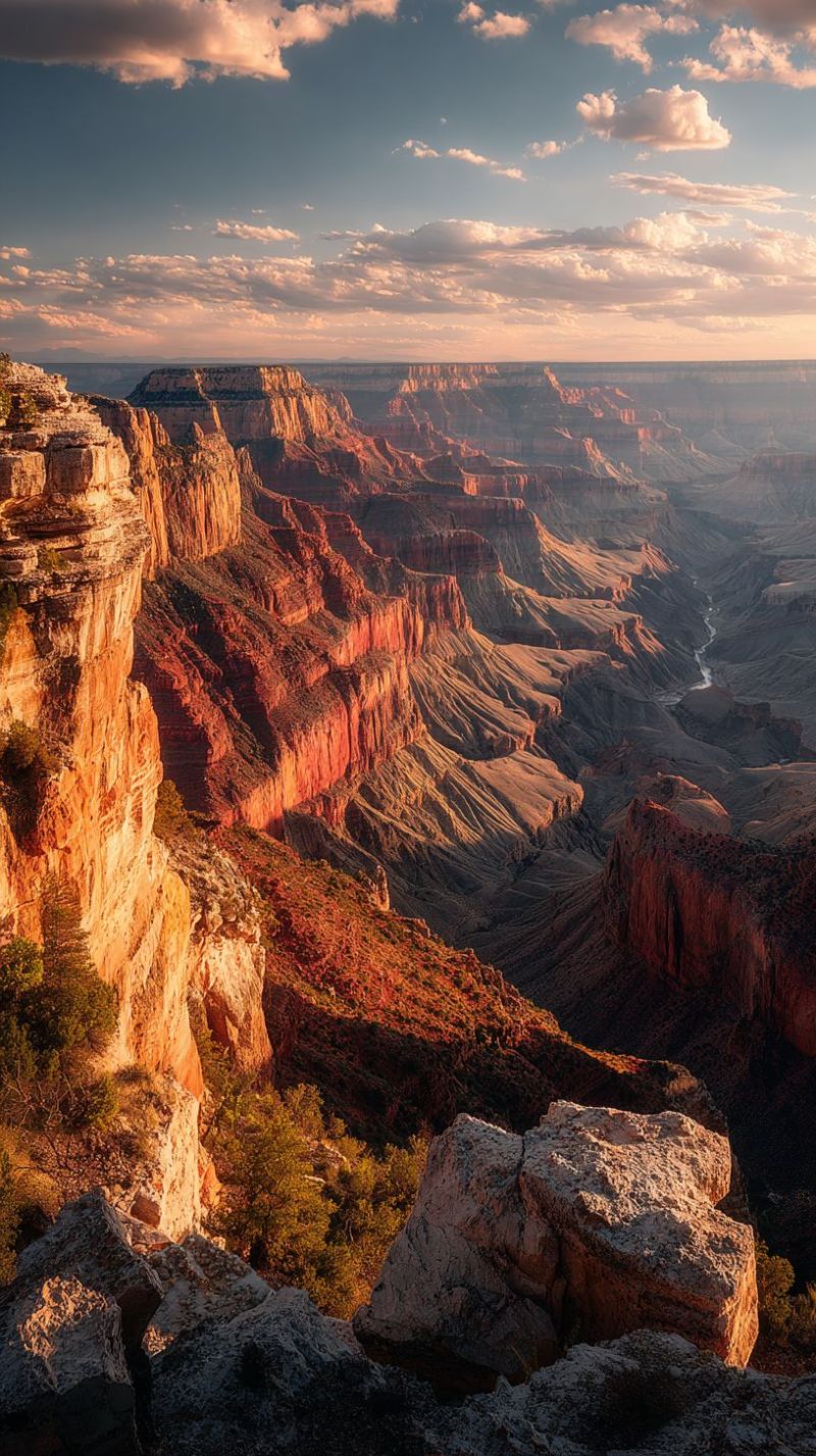 Nature cliff mountain valley sunset sky clouds rock hill outdoors scenery travel destination colorful geology grand canyon formation The image captures a breathtaking aerial view of the Grand Canyon at sunset. The canyon's vast, layered rock formations are prominently displayed, with hues of red, orange, and brown dominating the landscape. The sky above is a mix of deep blue and soft orange, with scattered clouds that catch the last light of the day. A narrow river winds its way through the canyon, adding a touch of blue to the scene. The foreground features large boulders and sparse vegetation, with the shadows of the rocks and trees creating a dramatic effect. The overall atmosphere is serene and majestic, highlighting the natural beauty and grandeur of the Grand Canyon.