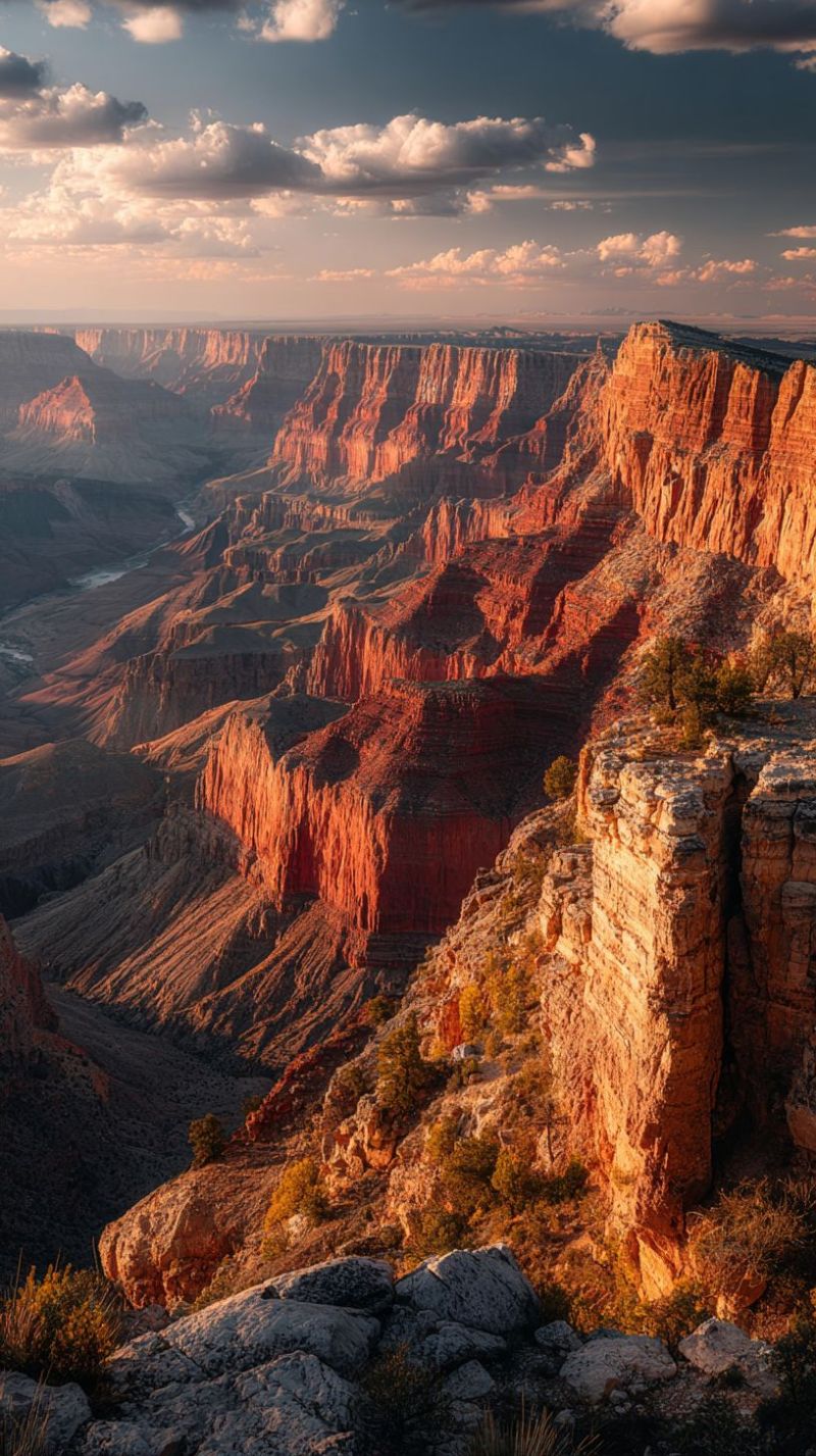 Nature cliff mountain sky cloud sunset valley rock hill outdoors scenery geology colorful vista grand canyon formation point breathtaking aerial view of the Grand Canyon, showcasing its vast and rugged landscape. The canyon walls are painted in various shades of red, orange, and brown, with intricate rock formations and layers that reveal the geological history of the area. The Colorado River winds its way through the canyon, adding a touch of blue to the scene. The sky above is a mix of blue and white clouds, with the sun casting a warm, golden light that highlights the canyon's natural beauty. The foreground features a rocky outcrop with sparse vegetation, adding a sense of scale to the vastness of the canyon.