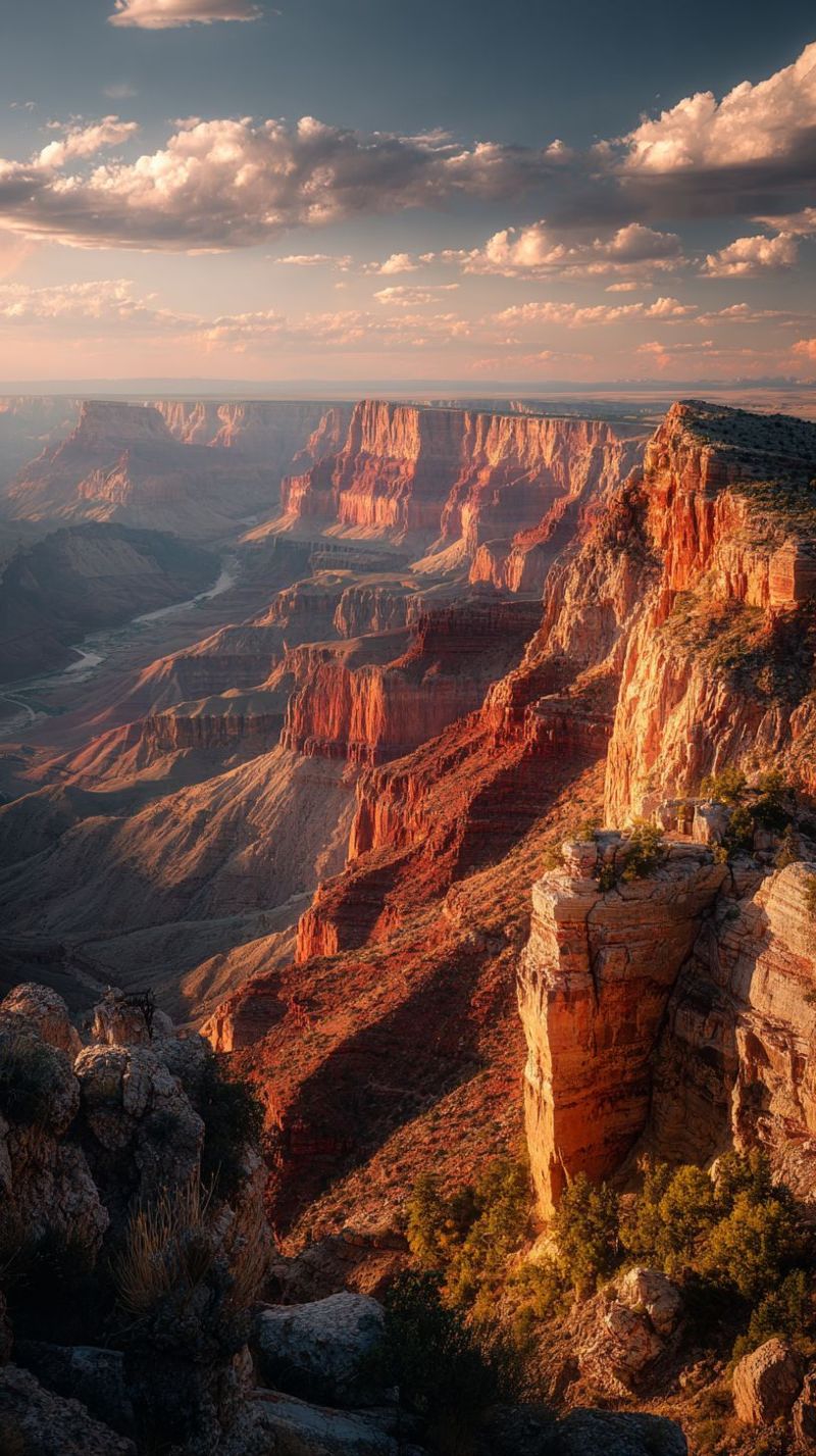 Nature cliff mountain valley sky clouds sunset colorful geology outdoors travel adventure vista horizon scenery wilderness grand canyon rock formation The image captures a breathtaking aerial view of the Grand Canyon at sunset. The canyon's vast expanse is filled with rugged, layered rock formations in shades of red, orange, and brown, illuminated by the warm, golden light of the setting sun. The sky above is a mix of deep blue and soft, scattered clouds, with the sun's rays casting long shadows across the canyon floor. In the foreground, there are rocky outcrops and sparse vegetation, adding texture to the scene. The Colorado River winds its way through the canyon, visible as a narrow, dark line. The overall atmosphere is serene and majestic, highlighting the natural beauty and grandeur of the landscape.