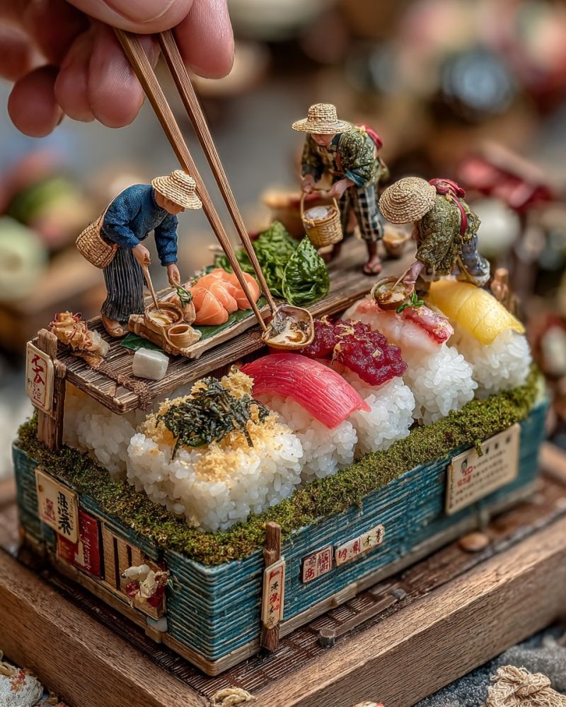 Miniature food sushi chopsticks hand table people basket hat wooden rice decoration display craft texture A miniature scene depicts a sushi restaurant with tiny figurines of chefs preparing sushi on a wooden platform. The chefs are wearing straw hats and holding chopsticks. The sushi is arranged on a bed of rice, garnished with various toppings like cucumber, avocado, and salmon. The platform is covered with green moss and has small wooden signs with Japanese characters. The background is blurry, showing more miniature food items and a rustic setting.