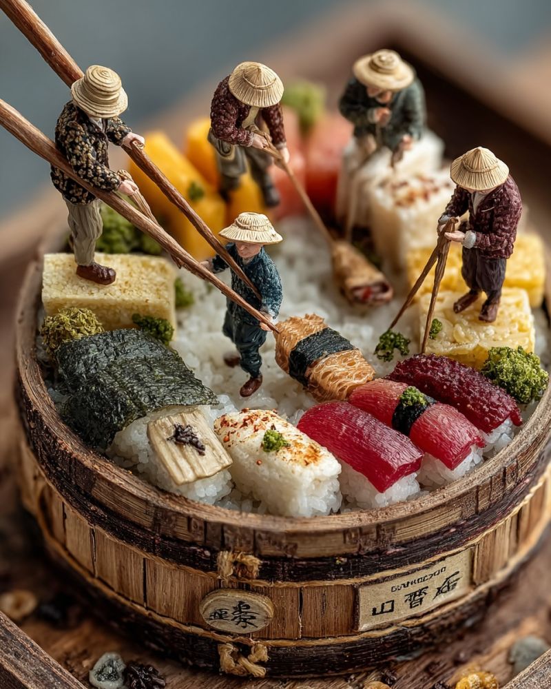 Nourriture sushi riz miniature decoration bois bol baguettes chapeaux culture japonaise repas plat table texture Un plat en forme de tonneau en bois rempli de mini sushis et de riz finement travaillés, entouré de minuscules figurines de personnes vêtues de tenues japonaises traditionnelles et de chapeaux de paille. Les figurines tiennent des bâtons en bois et semblent travailler sur le plat. Le plat est garni de divers types de sushis, notamment du nori, du tamago et d'autres ingrédients colorés. Le plat est placé sur une surface en bois, et il y a quelques petites pierres et d'autres objets éparpillés autour.