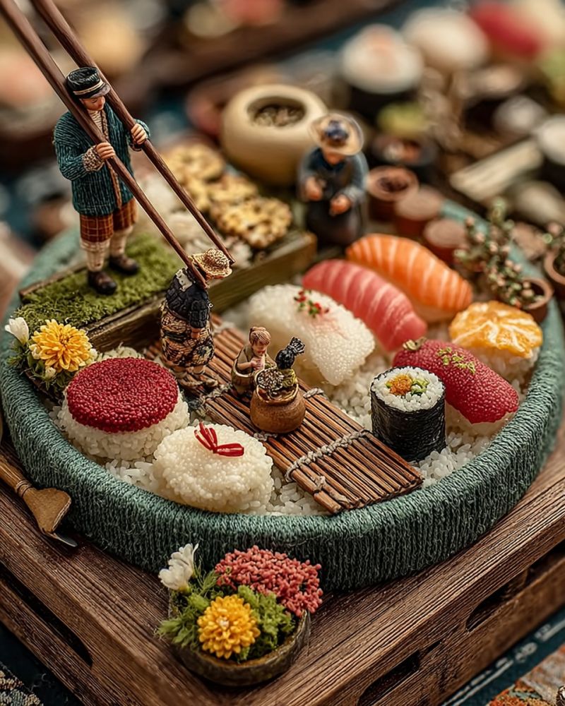 Food sushi decoration table wooden miniature sculpture people flowers rice chopsticks bowl plate dish meal cuisine japanese craftsmanship A miniature scene depicts a sushi platter with various sushi rolls and rice arranged on a wooden surface. The sushi rolls include salmon, tuna, and other types, with some featuring decorative elements like flowers and ribbons. Miniature figurines of people are placed around the platter, including a man holding chopsticks and another standing on a small bridge. The background is blurred, showing additional food items and a rustic setting.