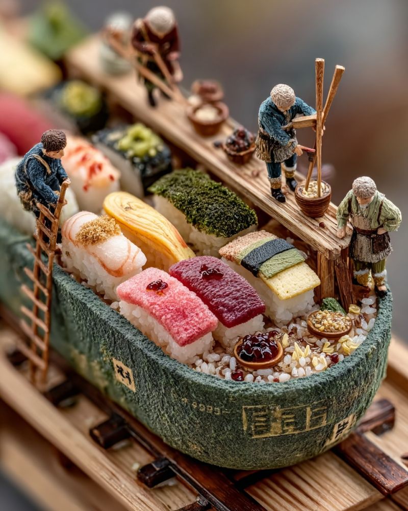 Sushi nourriture miniature decoration train bois bol riz plat table Un train de sushi miniature est exposé sur une piste en bois. Le train est façonné comme un bateau de sushi rempli de divers rouleaux de sushi, y compris concombre, avocat et saumon. Il y a de minuscules figurines de personnes travaillant sur le train, y compris un homme tenant un bâton en bois, un homme grimpant une échelle et un homme tenant un bol. Le bateau de sushi est décoré de mousse verte et a un pont en bois sur le dessus. L'arrière-plan est flou.
