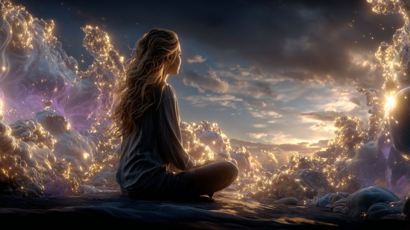 Woman meditation clouds sky fantasy sunset nature mountain dream aura glow zen peaceful contemplation ethereal cosmos starry A woman with long, wavy hair is sitting cross-legged on a rocky surface, possibly in a mystical or otherworldly setting. She is dressed in a dark long-sleeved shirt and pants. She is looking to the right, possibly at the setting sun, which is casting a warm, golden light on the scene. The background is a mix of dark clouds and glowing, ethereal lights, with a hint of purple and pink hues. The overall atmosphere is serene and mystical, with a sense of wonder and tranquility.