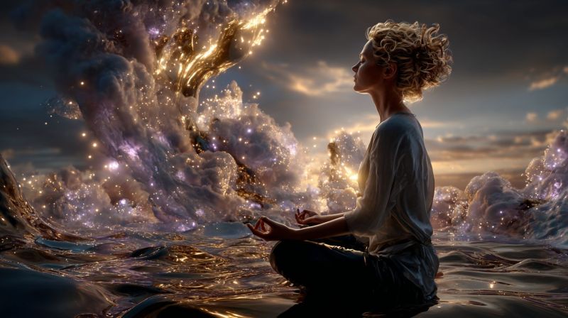 Meditation woman yoga water ocean waves clouds sky night fire sparkles zen calm peaceful contemplation spirituality nature fantasy A woman with curly blonde hair is sitting in a meditative pose on a rock in the water. She is wearing a light-colored long-sleeved shirt and pants. She is looking to the right, and her hands are resting on her knees. Behind her, there is a large, glowing, golden-colored cloud with a wave-like pattern. The sky is dark, and there are some stars visible. The water is calm, and there are some small ripples on the surface.